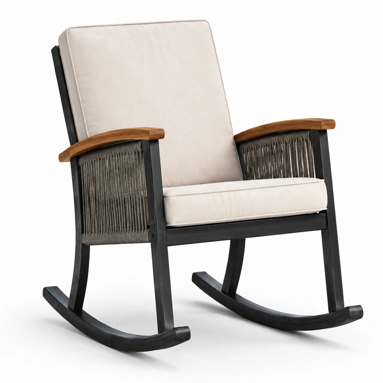 Sedia a Dondolo in Metallo Nero e Teak con Rivestimento in Tessuto Beige