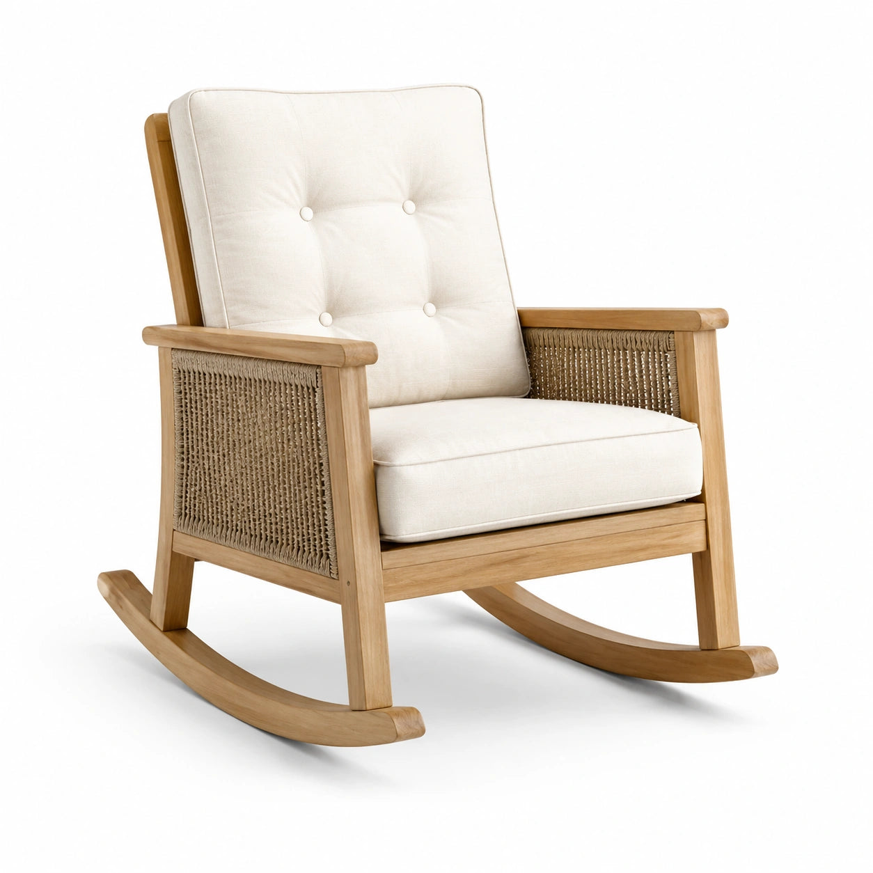Sedia a dondolo in legno con seduta in cotone crema