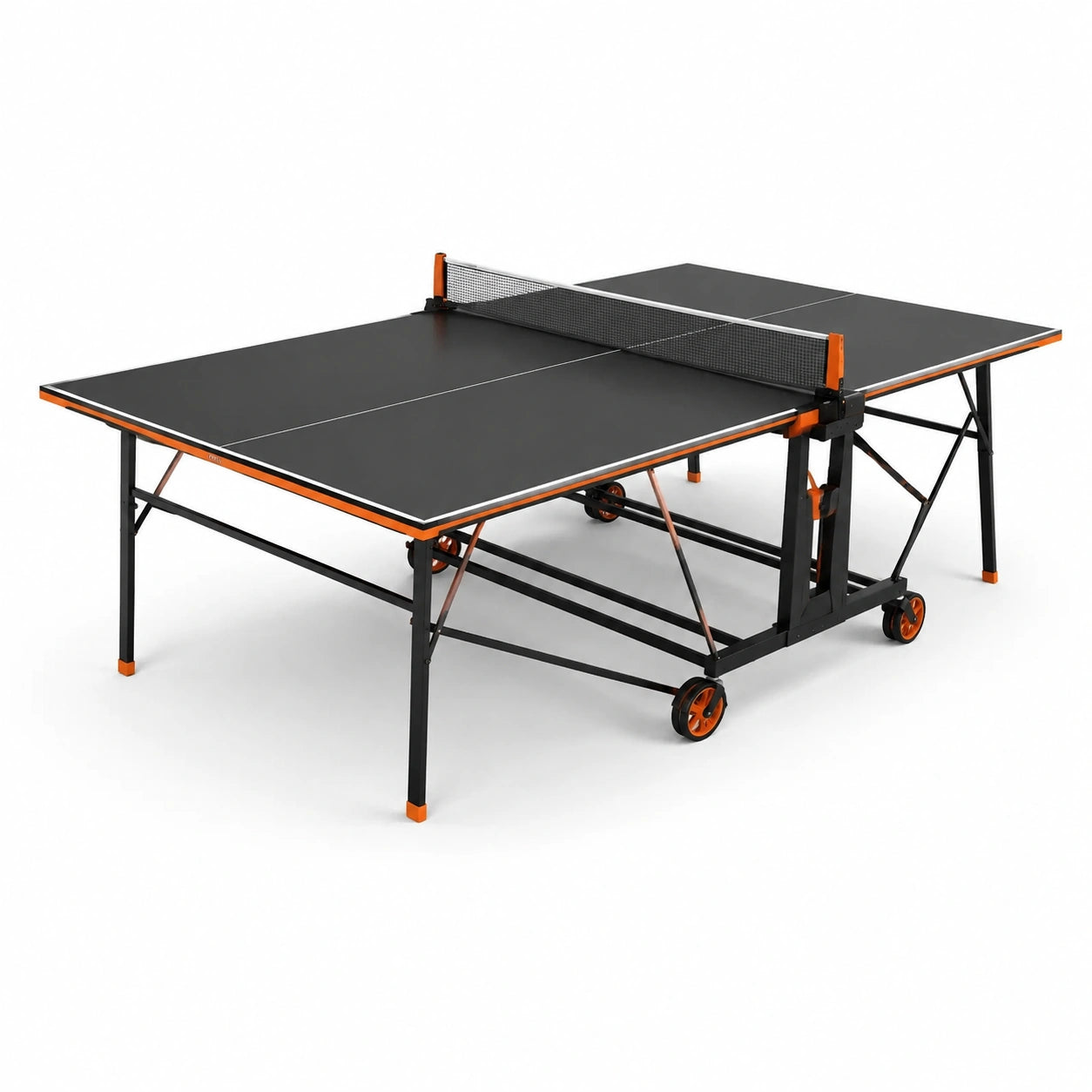 Tavolo da ping pong pieghevole nero e arancione con struttura in acciaio
