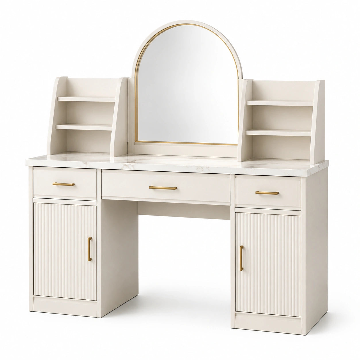 Toeletta con Specchio Arcuato in Legno, Crema, 140 cm