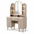 Tavolo da Toeletta in Legno con Specchio Arcuato e Cassetti Beige