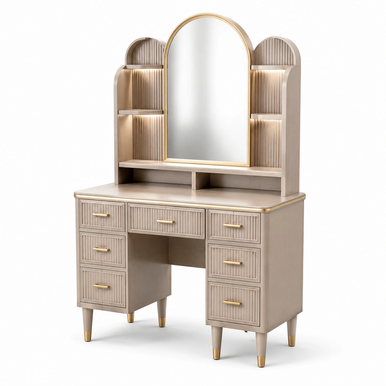 Tavolo da Toeletta in Legno con Specchio Arcuato e Cassetti Beige