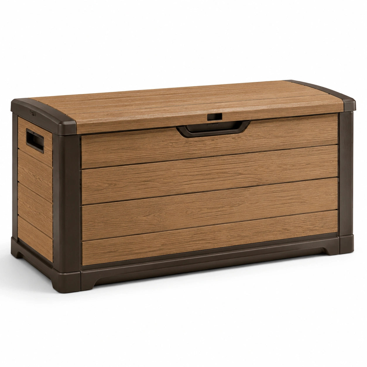 Baule da giardino in plastica effetto legno marrone e nero 117x45x57 cm