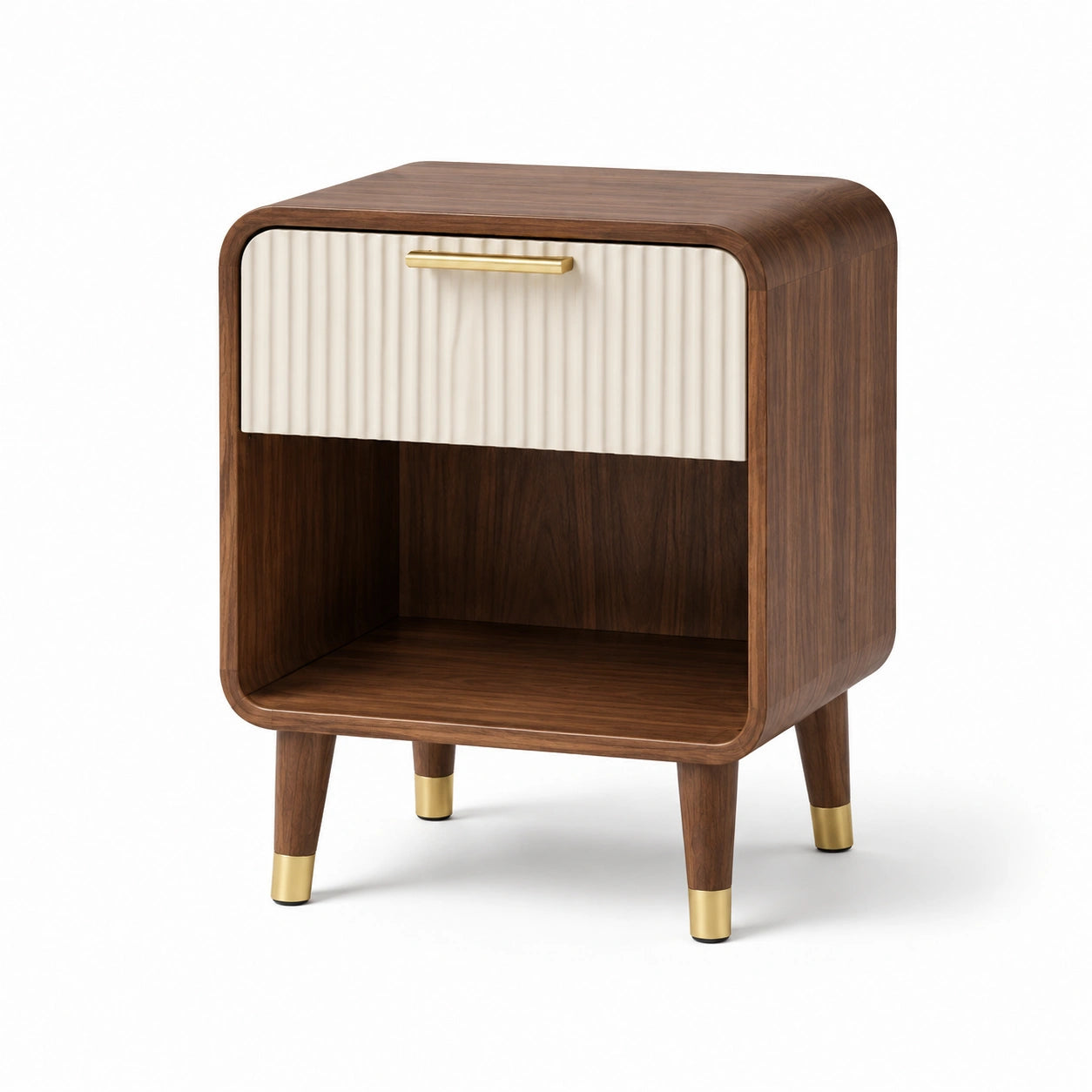 Comodino in legno con cassetto laminato e dettagli dorati, noce e avorio