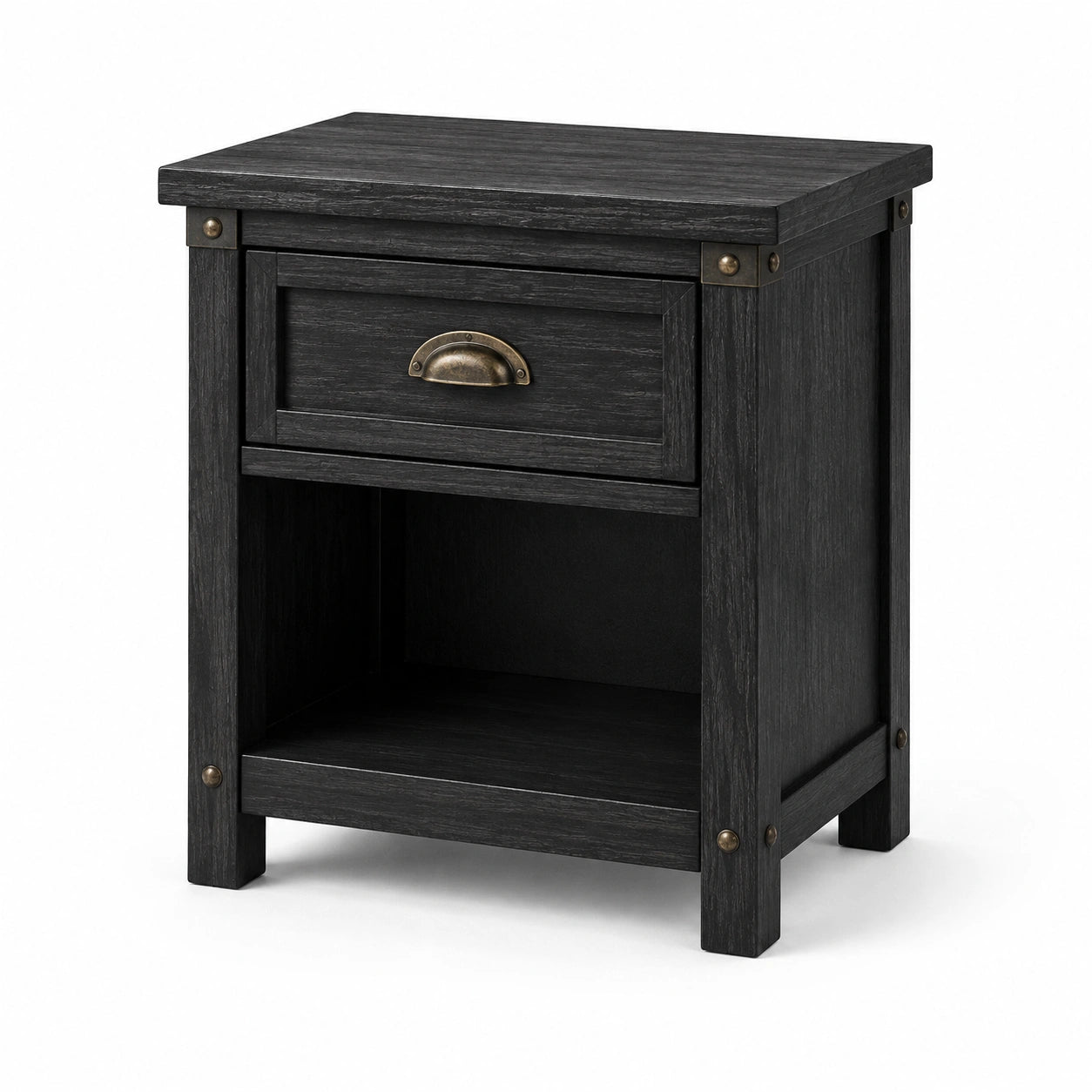 Comodino in legno nero con cassetto e ripiano