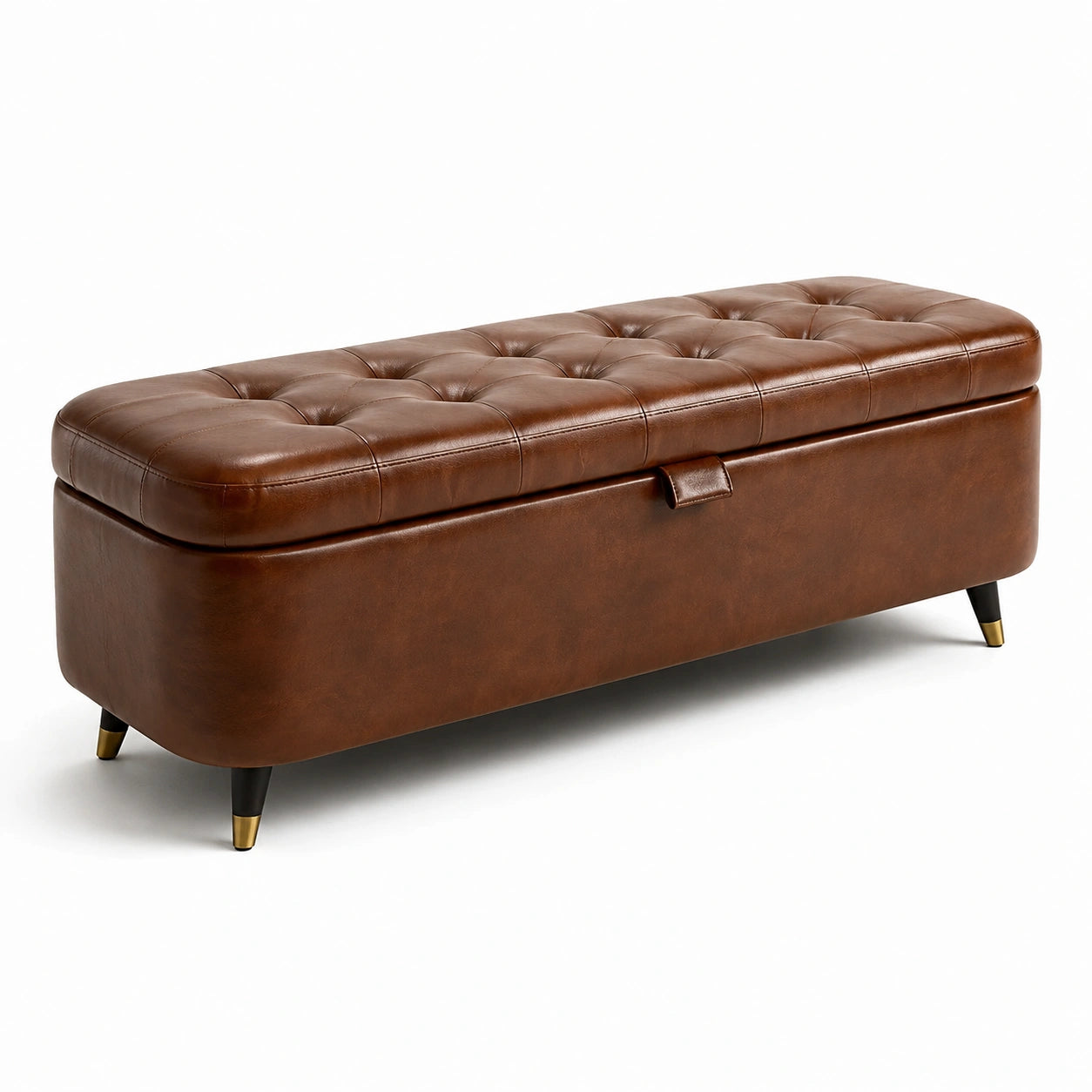 Cassapanca in pelle sintetica marrone con gambe in legno