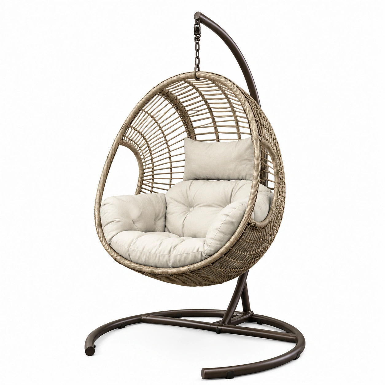 Poltrona a dondolo sospesa in rattan con cuscino crema e struttura in metallo