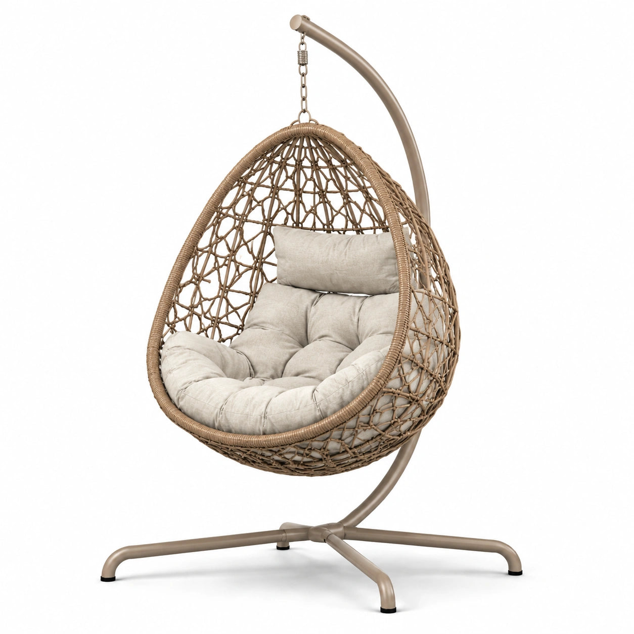 Poltrona sospesa in rattan sintetico con cuscino in poliestere beige